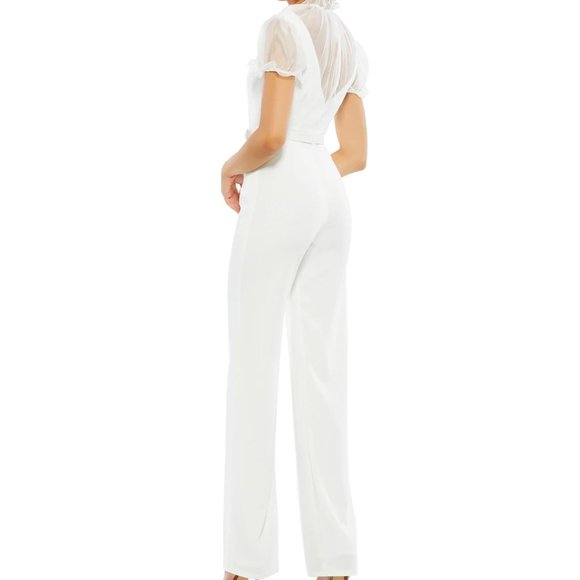 Mac Duggal 26621 White Belted Illusion‎ High Neck Cap Sleeve Jumpsuit Size 2 - Picture 2 of 13